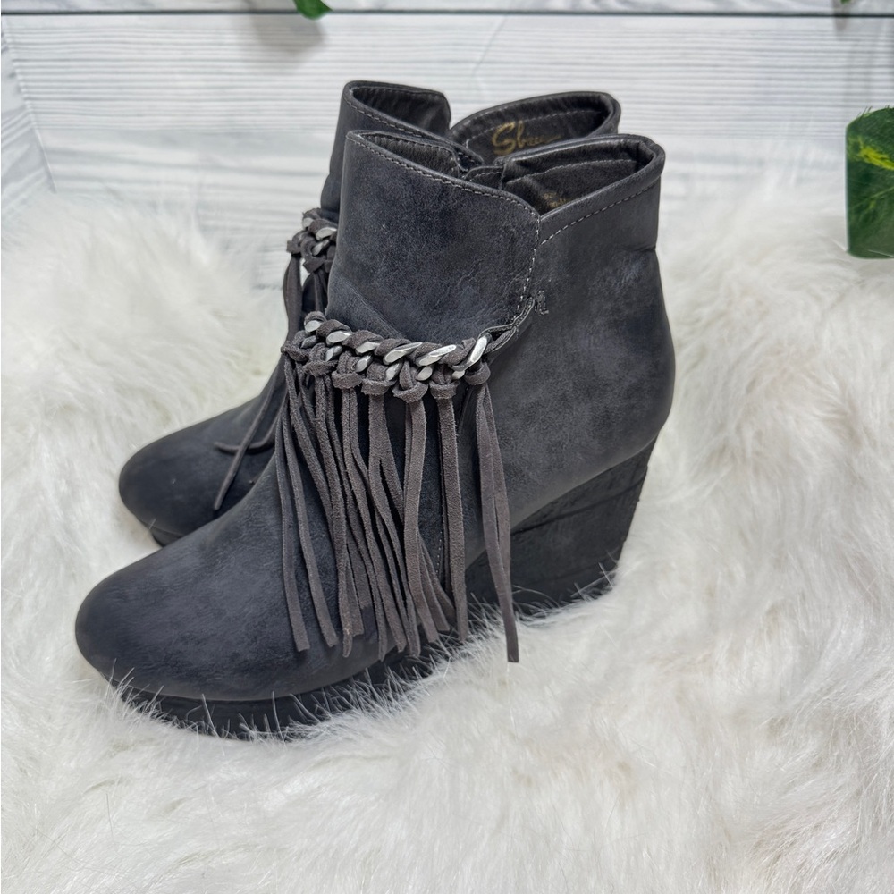 Sbicca Zepp fringe wedge ankle booties gray leather side zip sz 9
